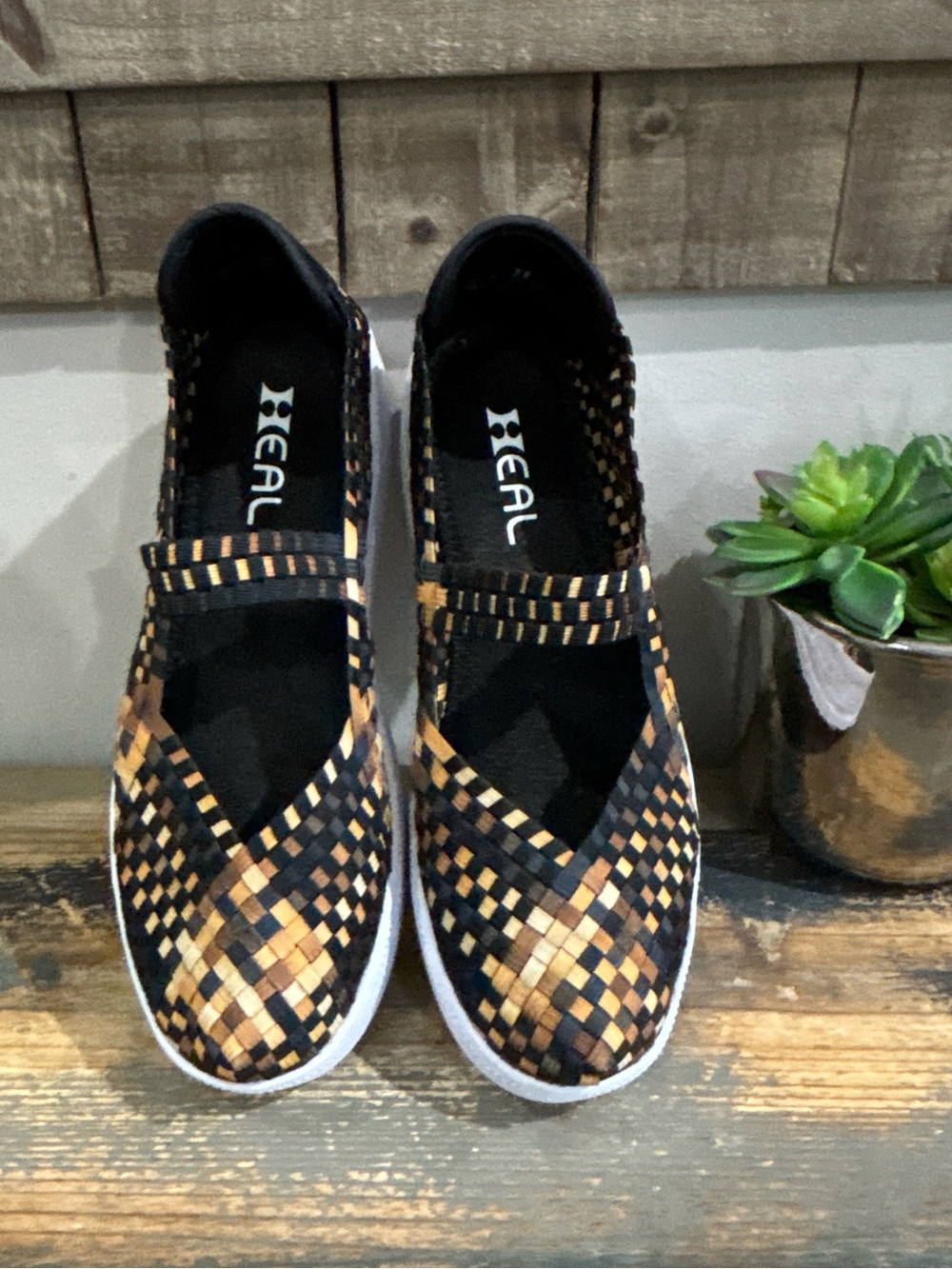 HEAL Black Slip-On Mary Jane Woven Platform Sneakers with Brown Accent